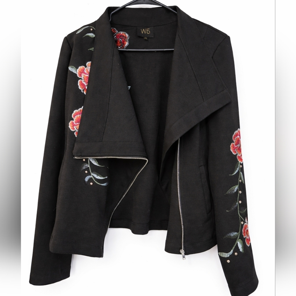 W5 (Anthropologie) Med Black Embroidered Moto Jacket Asymmetrical Zip - Picture 2 of 10